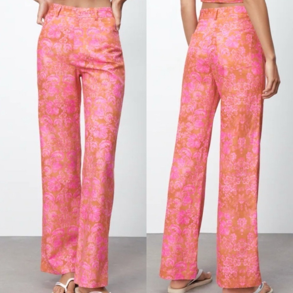 ZARA Full Length Linen Blend Floral Pink Beachy Boho Pants in Geranium Print